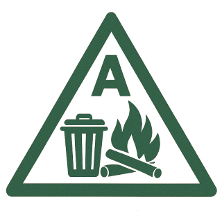Class A fire symbol: a green triangle with the letter A and a pictogram of a burning trash can and wood pile